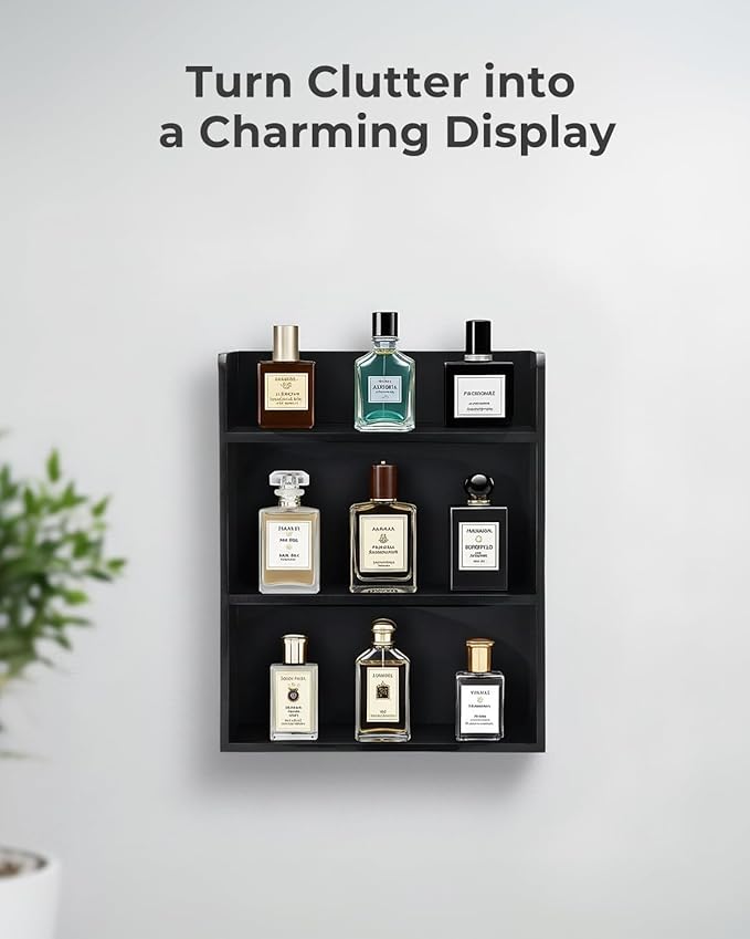3-Tier Trinket Shelf, Small Display Shelf for Desk or Wall, Wooden Knick-Knack Shelves for Collectibles, Perfume & Crystal Storage, Black