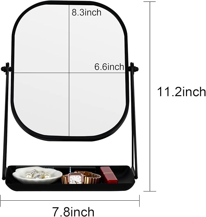 Tstarer 360 Degrees Rotating Metal Makeup Mirror with Storage, Vanity Mirror for Desk, Bathroom, Bedroom, Dressing Table (Black)
