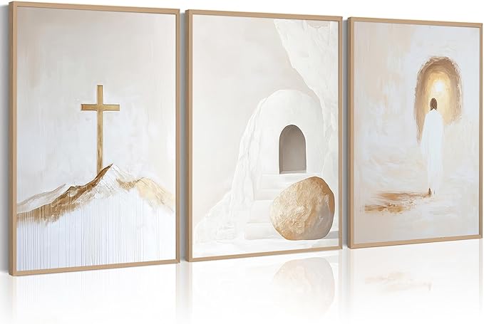 Jesus Christian Wall Art Gold Beige God Canvas Wall Decor He Is Risen Art Religious Christian Poster Modern Minimalist Cross Painting Artwork Jesus Picture Prints for Living Room 12x16x3 Inch Unframed