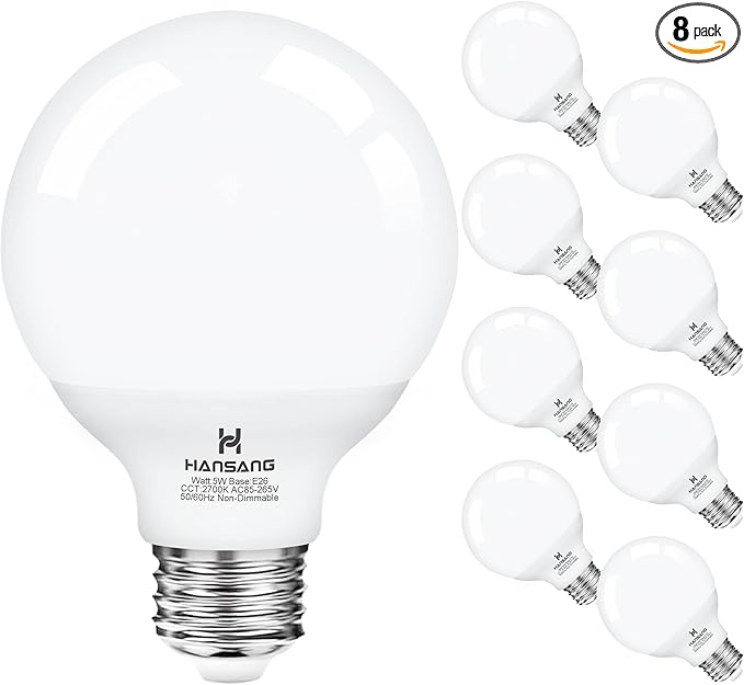 hansang G25 Vanity Light Bulb 2700K Warm White 8 Pack, LED Globe Light Bulbs for Bathroom Vanity Mirror,E26 Medium Screw Base,5W 60W Incandescent Equivalent,500 Lumen,Non-dimmable