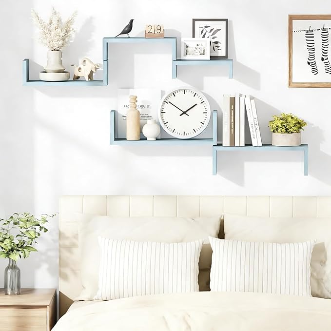 SRIWATANA Floating Shelves for Wall, Wall Shelves for Bathroom, Bedroom, Living Room, Kitchen, Office, Wood Shelves for Wall Decor Set of 5 (Blue)