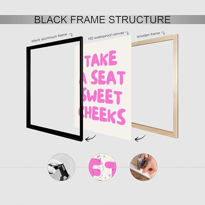 Pink Take A Seat Sweet Cheeks Canvas Wall Art, Cute Quotes Aesthetic Poster for Room, Funny Bathroom Wall Decor, Trendy Girly Light Pink Restroom Picture Print 16x24in Framed