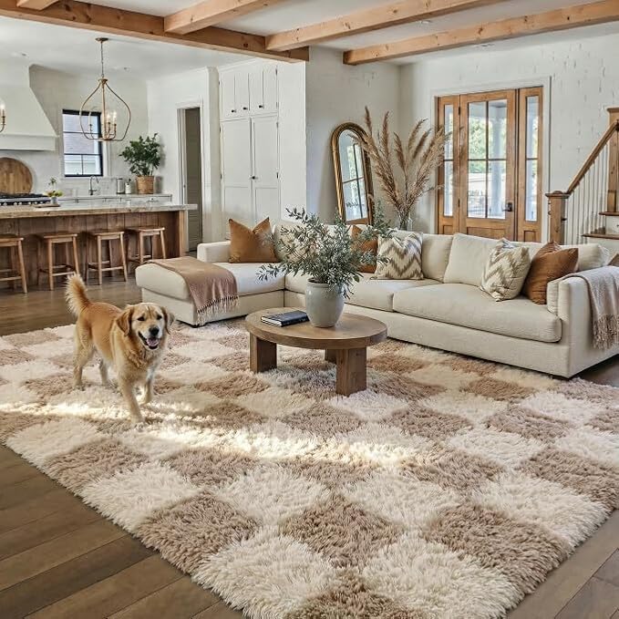 PureCozy Checkered Rug 5x7 for Living Room, Modern Neutral Shag Rug Super Soft Washable Indoor Fuzzy Carpet Non-Slip Fluffy Rugs for Bedroom Home Aesthetic Decor