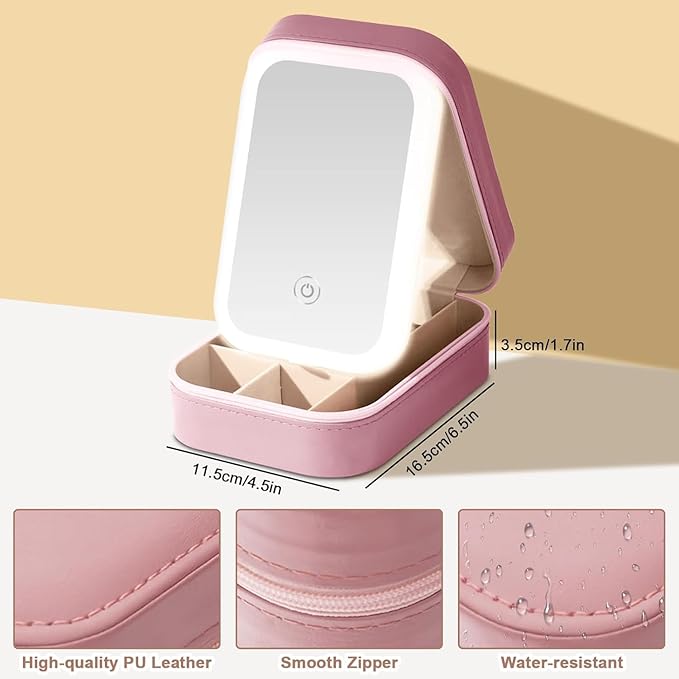 Portable LED Makeup Bag with Adjustable Light-Up Mirror - Three-Color Lighting | Dust-Proof Cosmetic Case with Multi-Compartment Storage and Jewelry Organizer (Pink)