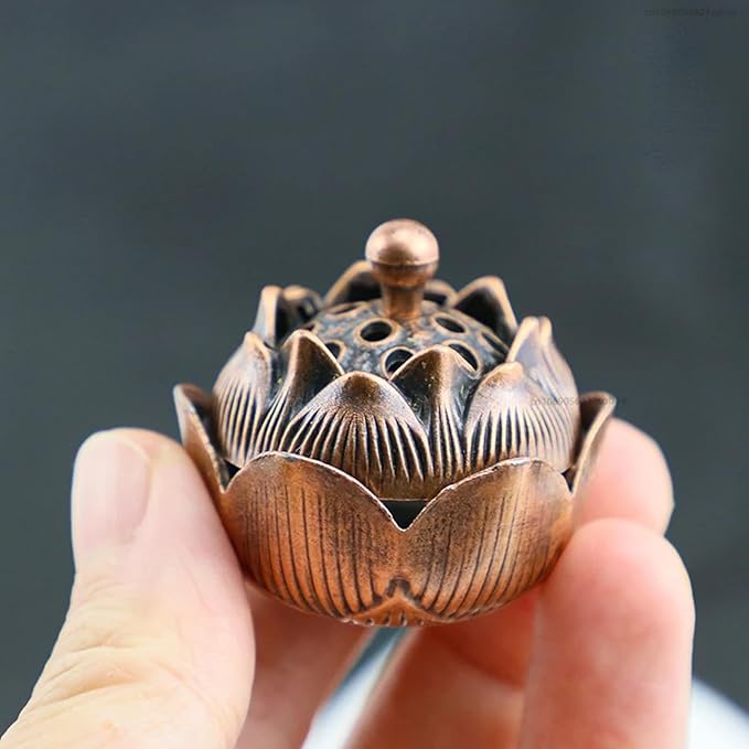 3 PCS Vintage Lotus Incense Holder for Stick and Cone Incense - Classical Brass Incense Burner Holder with Ash Catcher, Antique Censer for Home, Office, Meditation & Feng Shui Decor (Russet Bronze)