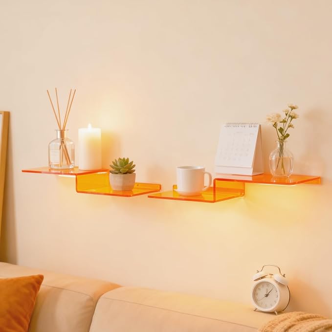 SetGame 2-Pack Acrylic Shelves Z-Shaped Display Stand Wall Mounted, 12 Inch Wall Storage Organizer for Toys, Books, Plants, Photos Album, Suit for Office, Living Room, Room Decor (Orange)