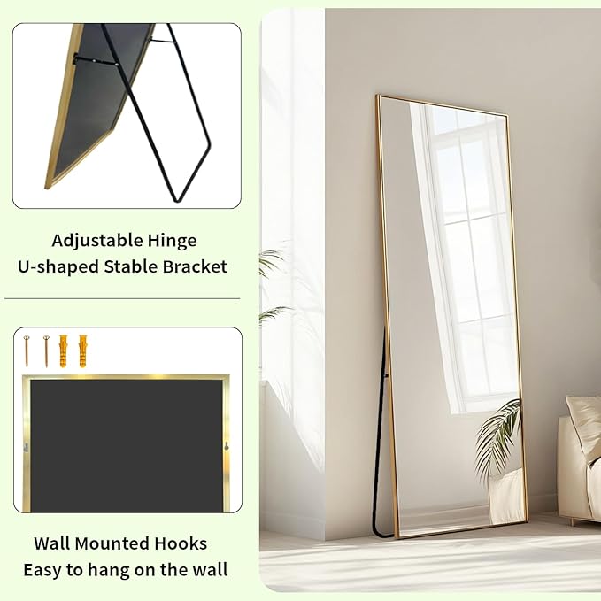 Sunniry Gold Floor Mirror, Full Body Mirror with Aluminum Metal Frame, Floor Mirrors for Nursery, Baby Room, Entryway, Party, Dressing Room. (48x16 inch, Gold)