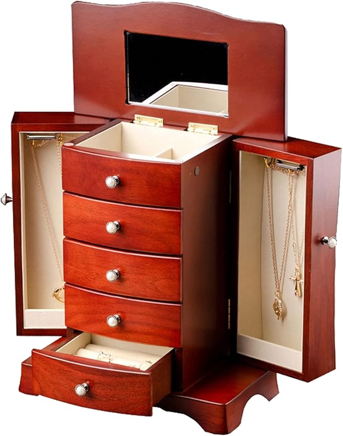 Jewelry Storage Box Makeup Organizers Wooden Jewelry Box for Women with Tower Style 4 Drawers Organizer and 2 Separated Open Doors