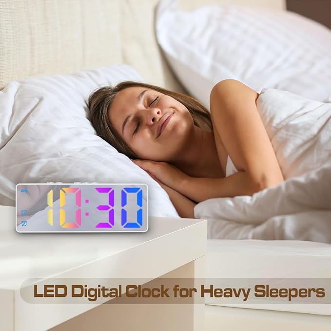 Small Digital Alarm Clock, Mirror Surface LED Electronic Clocks with Large Display, Adjustable Brightness and Snooze Model for Bedroom, Desk, Office, White Case