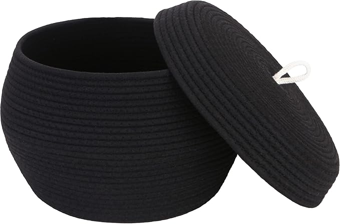 Sea Team Round Cotton Rope Storage Basket with Lid, Decorative Woven Storage Bin, Pot, Caddy, Organizer, Container for Snacks, Towels, Plants, 13 x 9 Inches (Large, Black)