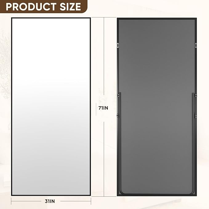 Antok Full Length Mirror, 71"x32" Floor Mirror with Stand, Hanging Mounted Mirrors for Bedroom, Living Room, Cloakroom, Dining Room, Black, Rect
