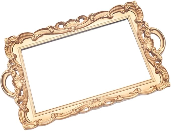 Golden Rectangular Retro Mirror Tray Cosmetic Storage Plate Perfume Organizer Decorative Makeup Vanity Display Tray for Home Décor and Photo Props