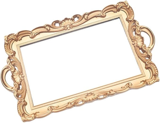 Golden Rectangular Retro Mirror Tray Cosmetic Storage Plate Perfume Organizer Decorative Makeup Vanity Display Tray for Home Décor and Photo Props