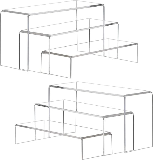ANDGOO Display Risers, 6 Pcs(7.9”L~8.3”L~8.7”L) Rectangular Clear Acrylic Showcase Collectibles Display Stands Suitable for Retail Shoe Showcase Jewelry Funko Pop Figures