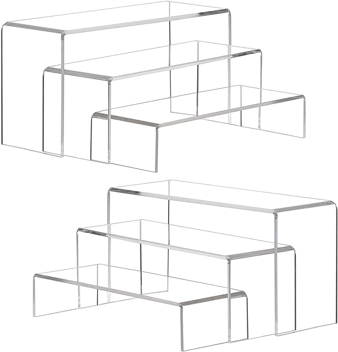 ANDGOO Large Acrylic Display Risers, 2 Sets(11.2”L~11.6”L~12”L) Clear Rectangular Showcase Collectibles Display Shelf, Retail Desktop Risers Display Stand for Organize and Decoration