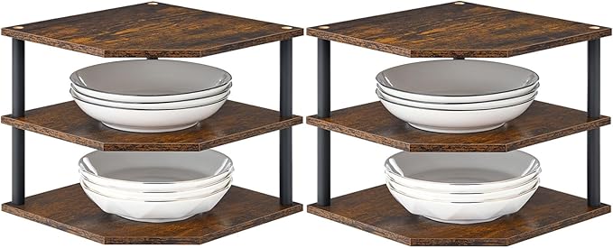 3-Tier Wood Corner Shelf, Cabinet Plate Dish Pantry Organizer Table Shelves Countertop Bookshelf Decor for Kitchen Bathroom Bedroom Home Set of 2