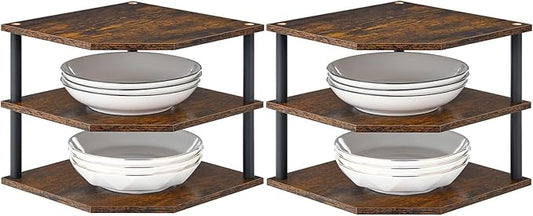 3-Tier Wood Corner Shelf, Cabinet Plate Dish Pantry Organizer Table Shelves Countertop Bookshelf Decor for Kitchen Bathroom Bedroom Home Set of 2