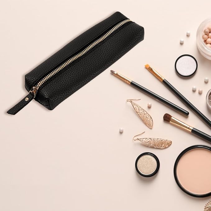 DICOSMETIC Pen Pouch for Purse Black Pu Leather Cosmetic Bag 20CM Makeup Brushes Bag Small Pen Bag Lovely Zipper Pouch Portable Cosmetic Bag Organizer for Pen Pencils