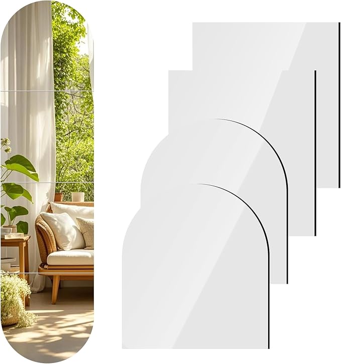 Arched Mirror Full Length for Wall, 4 PCS 14 x 12 Inch Full Length Mirror Wall Mounted Frameless Self Adhesive Glass Full Body Mirrors for Bathroom,Entryway,Living Room