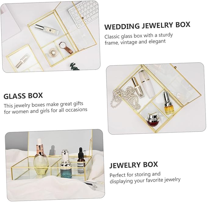 Healeved Jewelry Storage Box Glass Lid Cosmetics Organizer Makeup Holder for Necklace Earring Ring for Women Girls Wedding Valentine's Day
