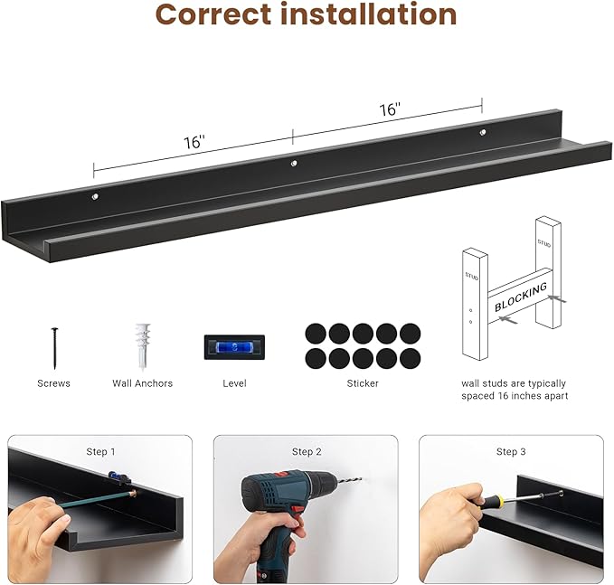 Heimlove 48 Inch Picture Ledge Shelf with Lip,Black Floating Shelves for Wall Set of 3,Long Wall Shelves in Varying Depths for Living Room,Bedroom,Nursery,Bookshelf