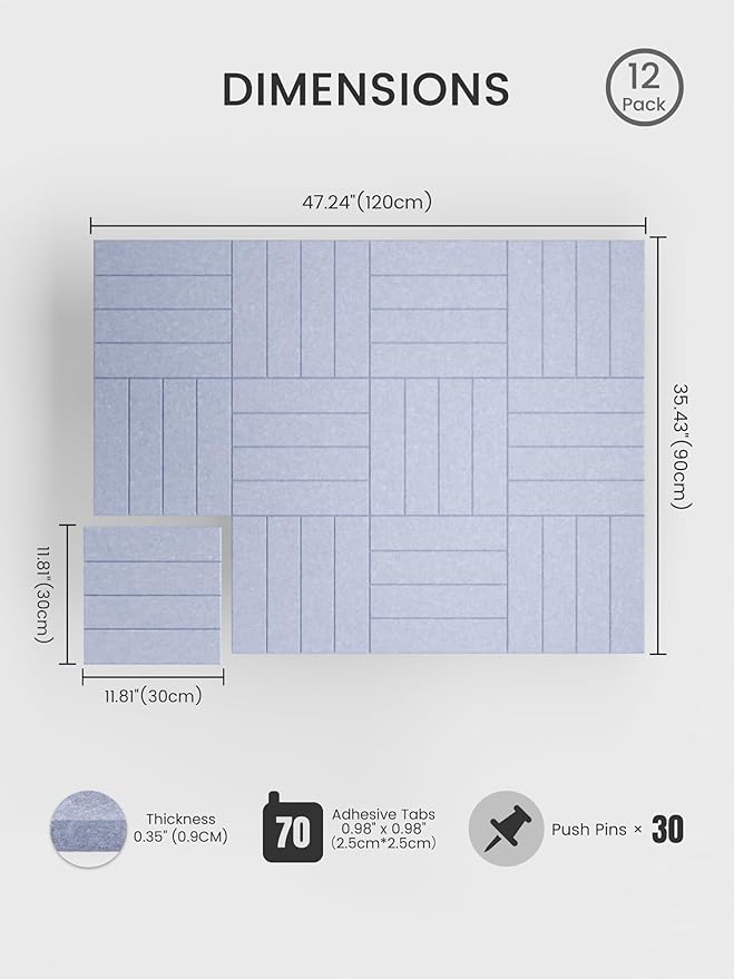 Bumusty Large Cork Board Alternative-48 x 36" Felt Bulletin Board Tiles, with 30 Pushpins, 70 Adhesive Tabs, Bold-Stripe 12-Pack, Cork Boards for Office Push Pin Board-Soft Periwinkle