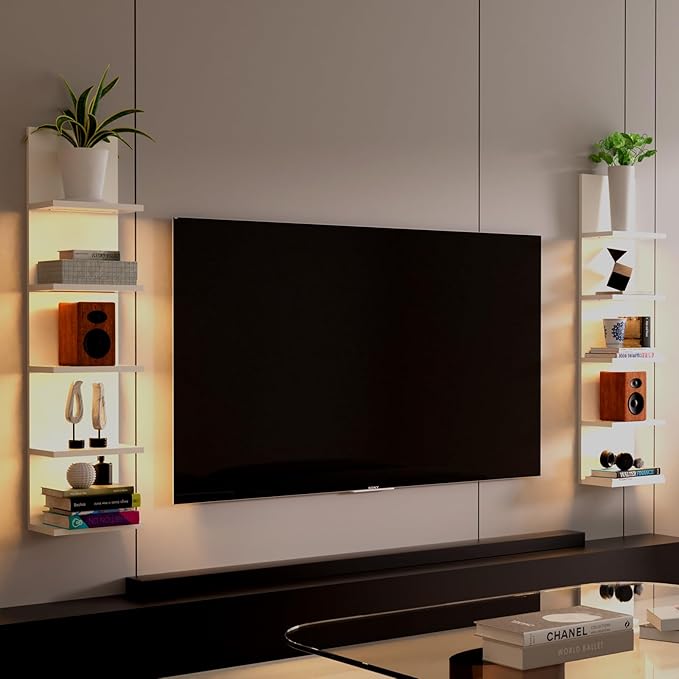 Homaterial 5 Tier Wall Shelf with Light, White Modern Vertical Lack Wall Shelves, Wall Mount, Floating Column Home Decor Shelves for Bedroom, Living Room, Vanity Storage Display