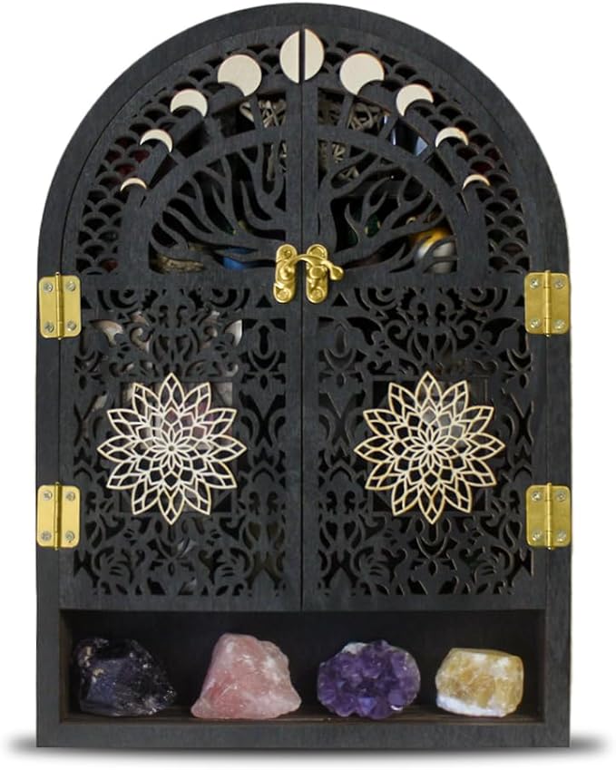 Small Tree of Life Crystal Display Shelf for Trinket and Knick Knack, Moon Shelves for Crystal Display, Crystal Holder Spiritual Decor Arch Wall Cabinet, Gothic Shelves Antique Case Wall Mounted