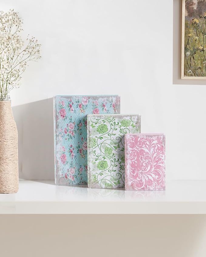 Wooden Book Box Set of 3 with Magnetic Closure and Vintage Floral Pattern Leather Cover Design, Non-Woven Fabric Interior, Decorative Secret Storage for Bookshelves and Home Office