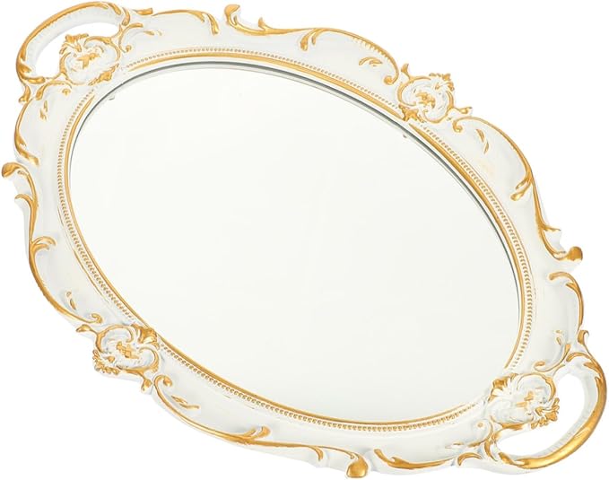 Cabilock Vintage Mirror Tray White Retro Decorative Jewelry Organizer Makeup Display Plate for Home Décor and Photography Props