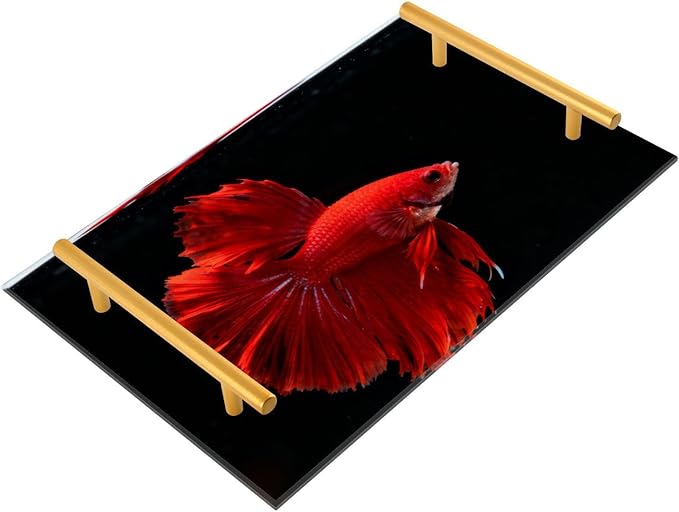 Red Betta Fish Decorative Acrylic Bar Tray with Handles Tray with Gold Handles for Jewelry Perfume for Restaurant Serving bandejas para desayuno personalizado