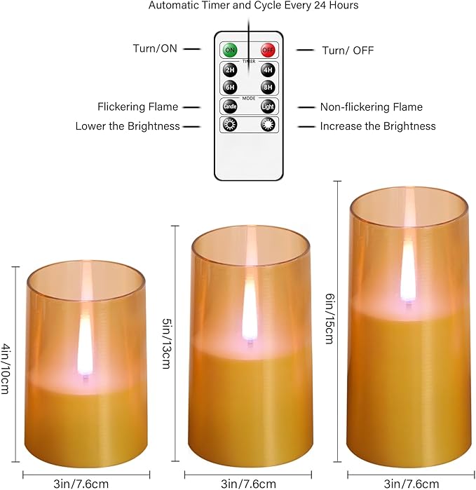 kakoya Flameless Candles Upgraded Realistic Flickering Flame,Battery Operated LED Candles with Remote Timers,Acrylic Electric Candles Set of 3(D 3" xH 4" 5" 6")（Gold）