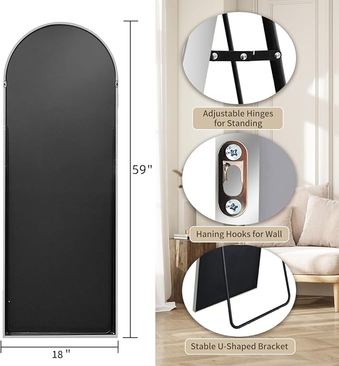 Rowjut Floor Mirror Arched Full Length Mirrors, Mirror Full Length Standing Hanging or Leaning Against Wall, 59"x18" Large Full Body and Wall Mounted Mirror for Bedroom Living Room, Silver