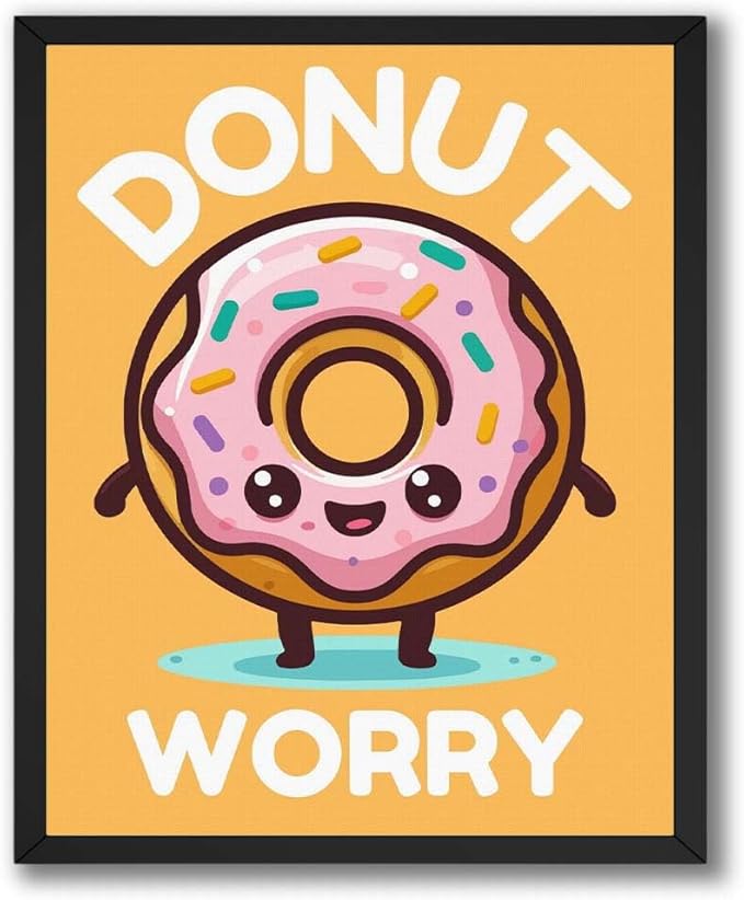InkFlow Posters Donut Worry Poster - Smiling Donut Illustration - Playful Kawaii Food Art - Kids Bedroom Playroom Decor - Cheerful Wall Print - 16x20 Unframed Canvas Print