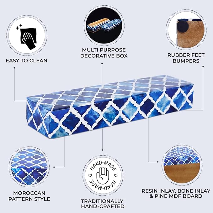 Handicrafts Home Decorative Storage Box with Lid, Moroccan Remote Control Holder Box, Slim Coffee Table Storage Organizer, Bone Inlay Resin Wooden Desk Shelf Storage Box, Blue, 10 x 2.5 x 1.5