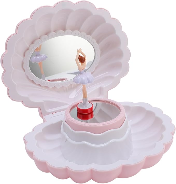 Ballet Jewelry Box with Music Dancing Ballerina Jewelry Organizer with Makeup Mirror for Girls Kids Birthday Retro Design (Light Pink)