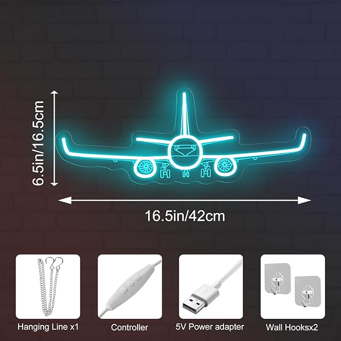 Airplane Neon Sign, Handmade LED Light, Airplane Wall Decort, Gifts for Pilot, Aviation Lover Gift, Kids Room Decor, 16.5"x6.5", Ice Blue