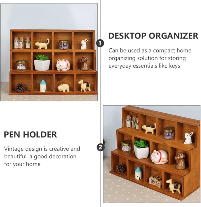 Cabilock Vintage Wooden Stair Storage Cabinet 12 Compartments Multi-Layer Desktop Organizer Shelf for Home D Cor Office Display Case 14.88 X 10.94 X 5.12 Inches