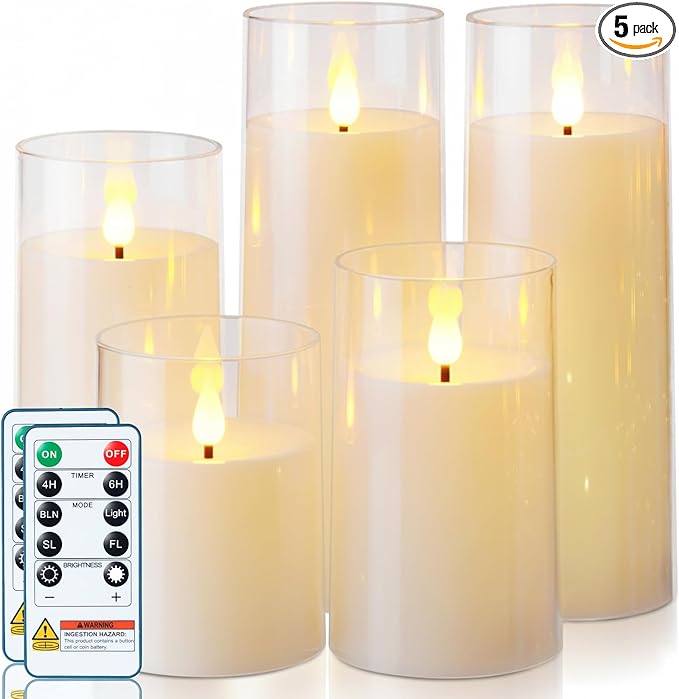 Homemory Ivory White Flickering Flameless Candles, Battery Operated Acrylic LED Pillar Candles with Remote Control and Timer, Set of 5