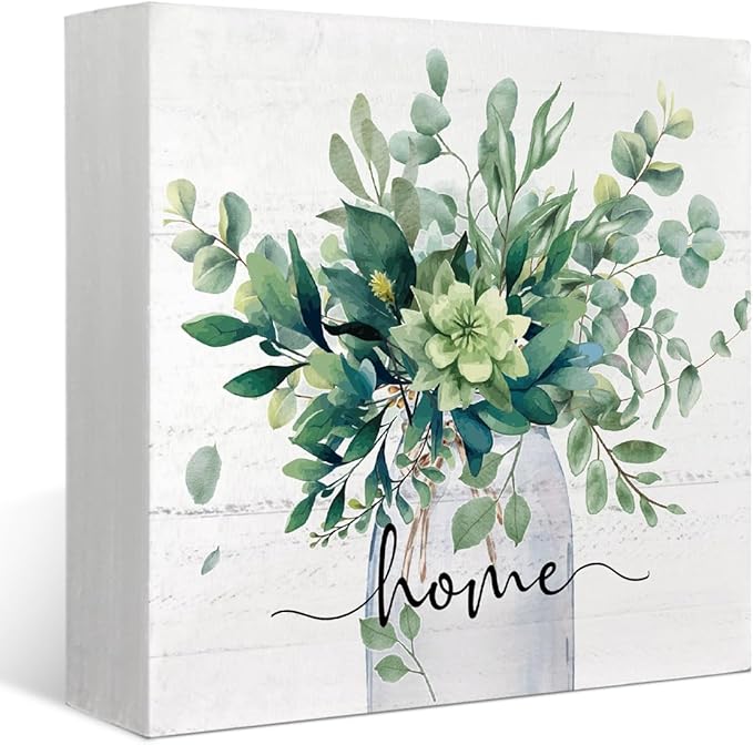 Sage Green Eucalyptus Leaves Wooden Box Sign Decor, Home Sign Shelf Decoration, Rustic Spring Botanical Wooden Block Decor for Home Farmhouse Shelf Tiered Tray Decoration 5x5