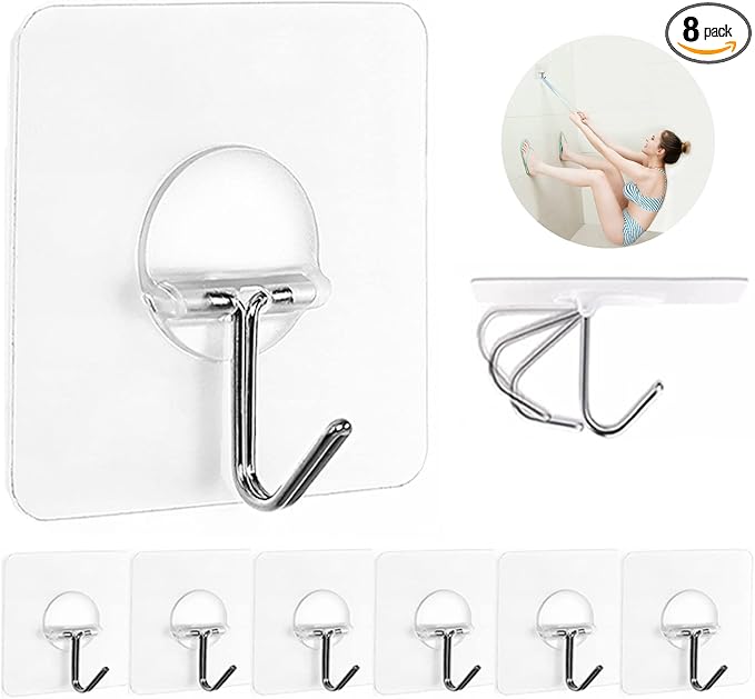 JINSHUNFA Adhesive Wall Hooks 13LB Heavy Duty No Drill Transparent Waterproof Hooks for Bathroom Kitchen Towel Coat 8 Pack