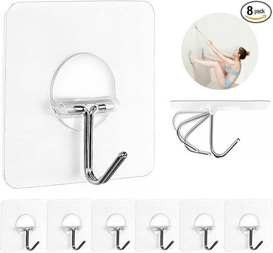 JINSHUNFA Adhesive Wall Hooks 13LB Heavy Duty No Drill Transparent Waterproof Hooks for Bathroom Kitchen Towel Coat 8 Pack