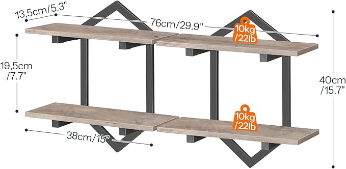 HOOBRO Floating Shelves, 15 Inch Wall Shelf Set of 2, Wall Mounted Storage Shelves 2-Tier, Hanging Bathroom Shelves, for Living Room, Bedroom, Bathroom, Kitchen, Greige and Black BG13BJP201