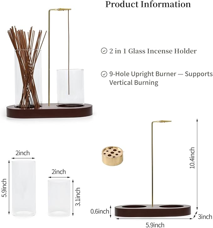 Glass Incense Holder for Sticks, Hang Upside Down Incense Burner with Storage & Ash Catcher, Anti-Ash 2 in 1, Comes with Brush & Greeting Card, Meditation Yoga Home Decor Gift (Light Base)