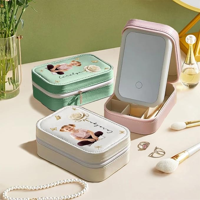 Wrappiness Women & Girls Floral Makeup Box With LED Mirror - Custom Photo Jewelry Organizer Gift for Daughters Sisters on Birthday Christmas Personalized Birthmonth Flower