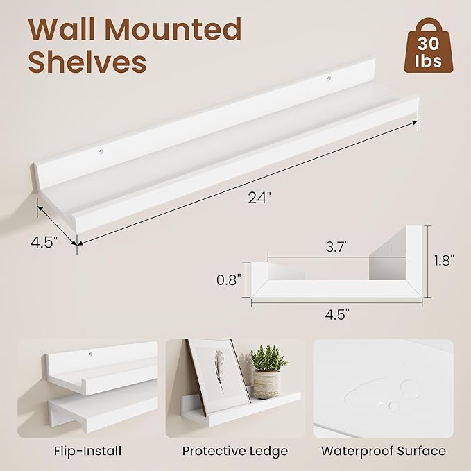 Heimlove Picture Ledge Shelf,24 inch Long Floating Shelves for Wall Set of 2,White Picture Shelf with Lip for Wall Decor,Living Room,Bedroom,Bookshelf,Nursery,Perfume