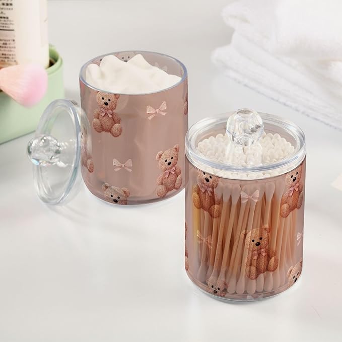 2 Pack Apothecary Jars Artistic Teddy Bear Bow Pattern Bathroom Vanity Storage Organizer Set,Small Clear Plastic Storage Jars Bathroom Canister for Cotton Swabs, Rounds, Balls, Qtips,Makeup Spo