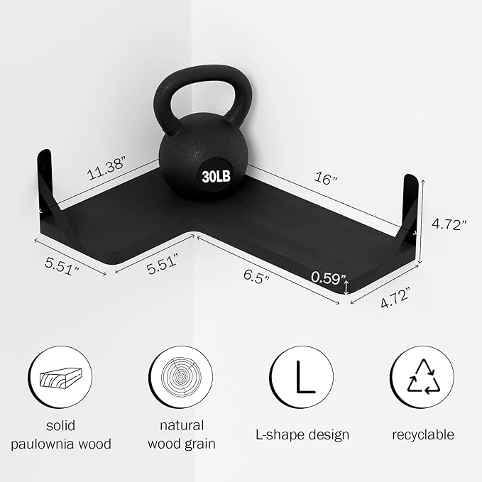 Muzilife Corner Floating Shelves Wooden Floating Shelve Set of 4, Wall Mounted for Storage, L-Shaped Shelves for Wall Decor Organizer for Bedroom, Bathroom, Kitchen, Living Room and Office, Black