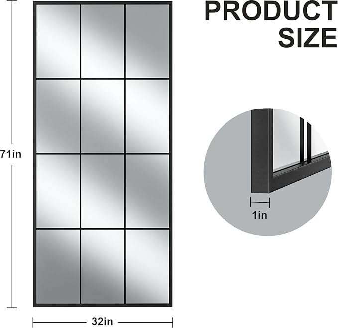 Rowjut Full Length/Floor Mirror, 71"x 32" Window/Wall Decorative Mirrors, Aluminium Framed Window Pane Mirror, Square Wall Mirror for Entryway, Living Room, Bedroom, Fireplace (Black)