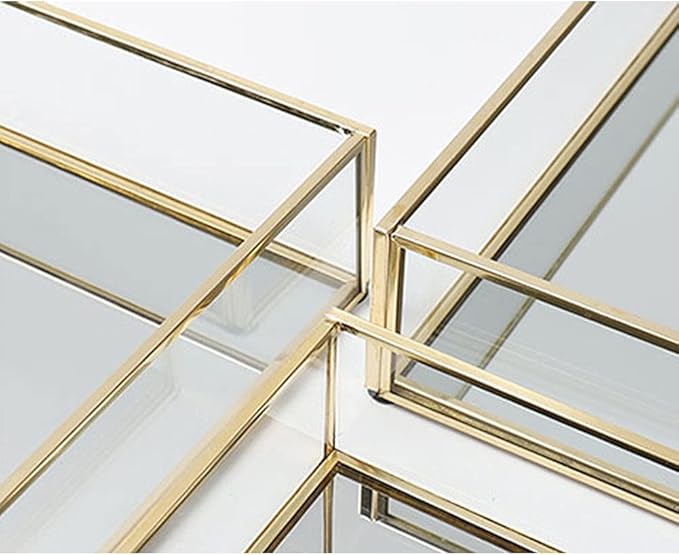 Square Vintage Gold Mirror Glass Vanity Tray,Ornate Geometric and Brass Plated Display Storage Organizer for Makeup Brushes/Lipstick/Skincare/Perfumes/Beauty Room/Bathroom Accessories